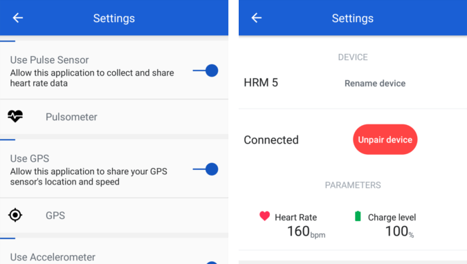 Pulsometer settings screen